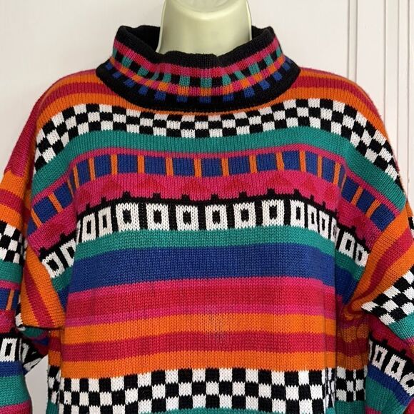 Vtg 80s/90s Contrasts turtleneck brightly colored multi patterned long sweater - Picture 2 of 8